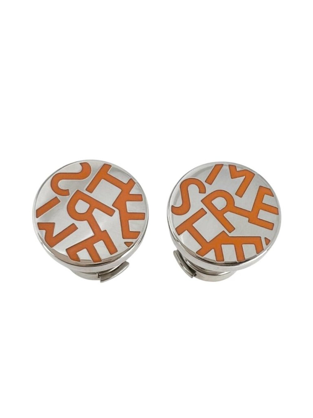 Hermes Round Logo Orange Silver Earrings